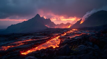 Volcanic lava dances like fiery rivers over black stone beneath smoky dusk skies.