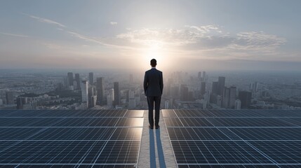 Fototapeta premium A businessman stands on a solar panel rooftop overlooking a modern city at sunrise, symbolizing renewable energy, innovation, and the future of sustainable urban life