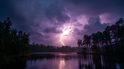 Naklejka premium Thunderstorm lightning strike brightens a twilight forest clearing with jagged violet and white bolts.