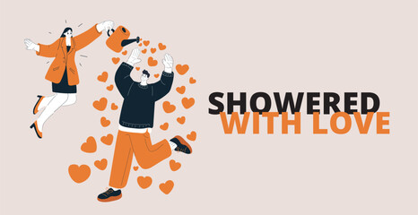 Cartoon vector illustration of a woman sprinkling hearts from a watering can onto a man as a symbol of kindness, emotional support, and spreading love
