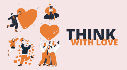 Cartoon vector illustration of men and women expressing love through art, meditation, caring gestures, and teamwork as a symbol of compassion, unity, and collective emotional growth