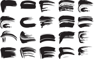 Collection of abstract black ink brush strokes and paint splatters on a white background