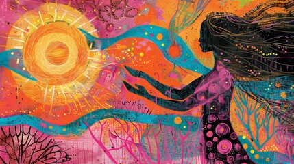 The image depicts a vibrant and stylized scene with a figure holding a spiraling sun