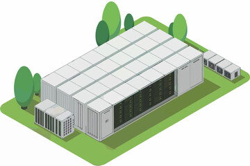 Modern data center facility with server racks and greenery isometric view isolated on white background