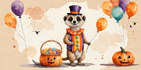 Fototapeta premium Cute meerkat in halloween costume with balloons and pumpkins watercolor illustration 