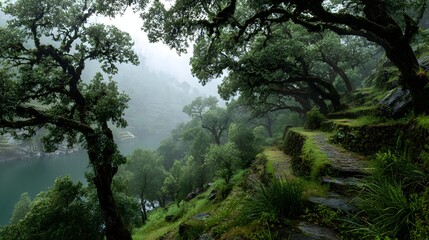 Foggy valley whispers calm as misty stone terraces embrace a serene lake quietly.