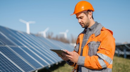 Engineer in orange uniform and helmet uses a tablet near solar panels and wind turbines, symbolizing renewable energy work and sustainable technology