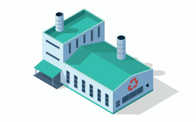 Modern industrial factory building with green roof isometric view for business and manufacturing concepts isolated on white background