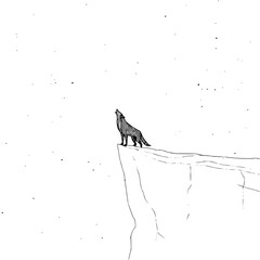 Lone wolf howling at night sky illustration drawing on cliff edge with stars black and white art print design