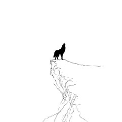 Lone wolf howling silhouette on a cliff edge black and white illustration isolated wildlife nature drawing art 100