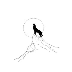 Wolf howling at moon vector illustration drawing silhouette on mountain peak wildlife animal nature art print