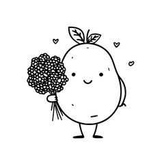 Cute potato character holding flower bouquet vector illustration line art drawing for greeting card and design 100