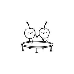 Cute cherry fruit characters holding hands jumping on trampoline vector illustration design element drawing