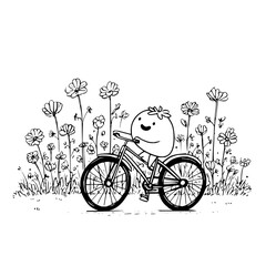 Cartoon character cycling through a flower field illustration black and white line art vector image
