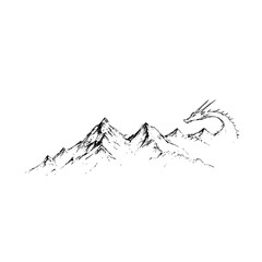 Dragon mountain sketch drawing vector illustration fantasy landscape peak adventure travel scenic line art design 100