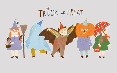 Naklejka premium Little kids in halloween costumes
