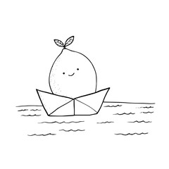 Cute lemon fruit character sailing in paper boat on water black and white line art vector illustration