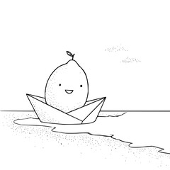 Cute lemon character sailing in paper boat drawing illustration for kids coloring pages and art projects
