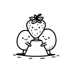 Cute strawberry dessert illustration with happy egg friends vector drawing and outline design for food lovers