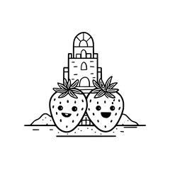 Cute strawberries with faces and sandcastle outline vector illustration summer vacation drawing for kids coloring book