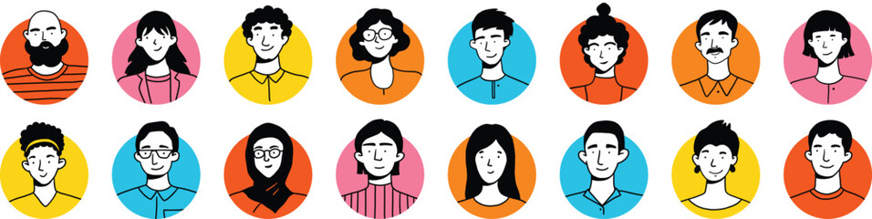 Set of various avatars. Male and female userpics, hand drawn doodle style, black and white, on bright circles. Abstract avatars in round shapes, smiling persons portraits. Circles on white background.