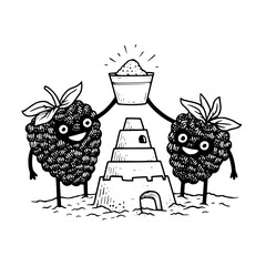 Cartoon blackberries building sandcastle on beach illustration summer vacation fun fruit character art vector 100