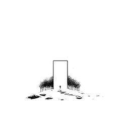 Minimalist black and white landscape art print of a person walking through a portal in a forest scenery design