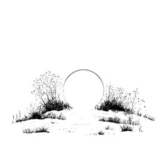 Minimalist landscape drawing circle portal nature illustration black and white scenic art design vector