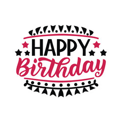 happy birthday, lettering, text, celebration, party, greeting, invitation, festive, design, graphic, illustration, banner, decorative, flags, bunting, stars, black, pink, white background, typography,