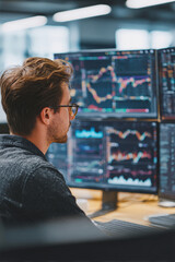 Young Consultant Analyzing Financial Data on Multiple Screens in Tech Booth