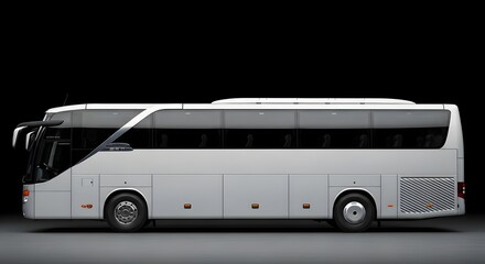 European intercity coach side view sleek white long distance passenger coach on dark studio (Industry)