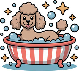 Naklejka premium Cute poodle dog taking a bath with bubbles isolated on white background