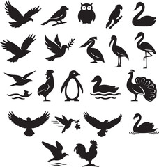 Obraz premium Diverse bird silhouettes collection featuring eagles swans pigeons pelicans flamingos penguins ducks and peacocks for creative design