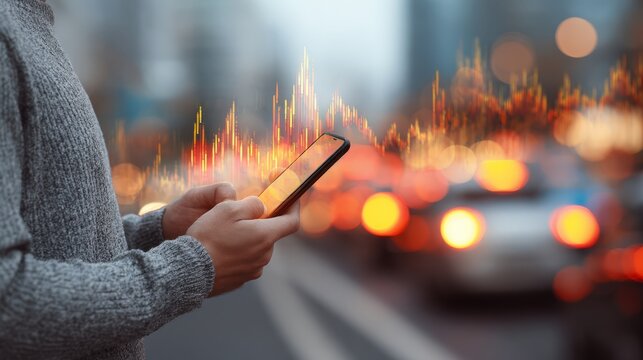 Young Man Analyzing Market Graphs on Smartphone with Urban Traffic Background