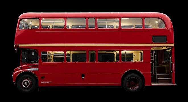 Classic London red double decker side view vintage city bus long profile heritage style (Industry)