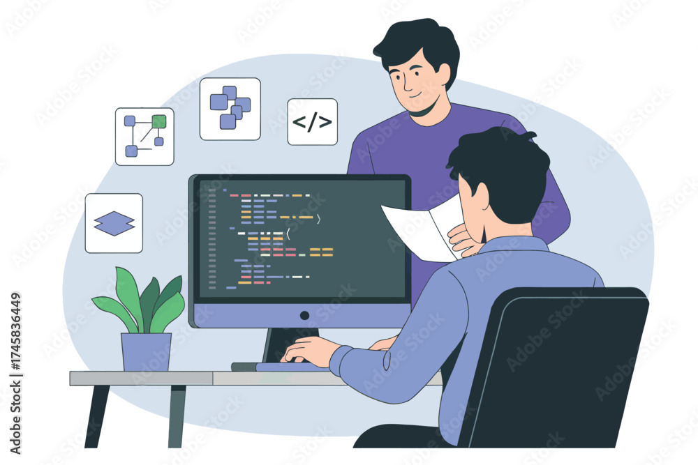 Wall mural two people collaborating on computer code and software development in modern office setting isolated