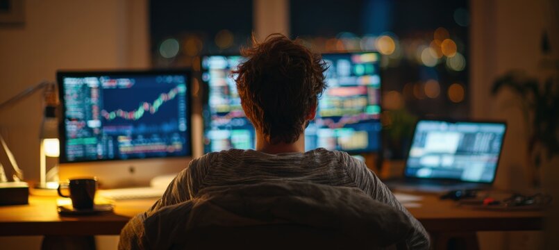 Young Man Analyzing Financial Data in Creative Home Studio - Powered by Adobe