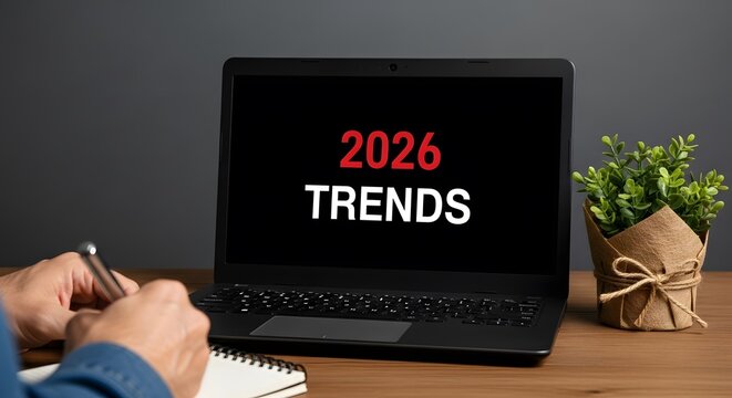 Planning for 2026 trends with laptop, notepad and pen, capturing ideas for future success in business, marketing and innovation, strategizing for growth