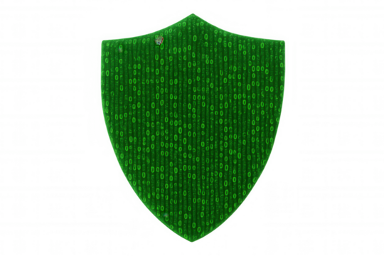 Digital security shield protecting data with binary code pattern, representing internet protection and cybersecurity