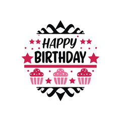 happy birthday, celebration, greeting, text, lettering, typography, cupcakes, stars, festive, design, graphic, illustration, party, event, holiday, sweet, dessert, confectionery, cake, joy, happiness,