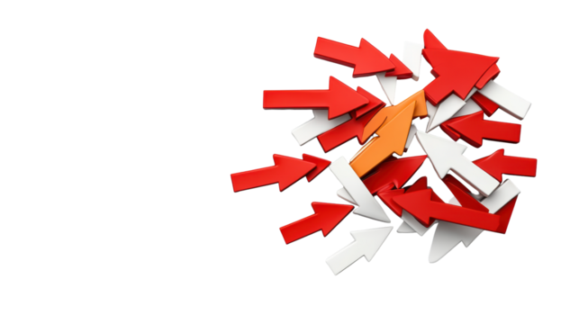 Red and White Arrows with Highlighted Orange Arrow  on Transparent Background