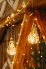 Close up of decorative light bulb with small led lights inside, hanging as part of Christmas interior decoration. Festive illumination for holiday