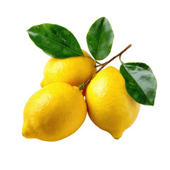 Fresh Yellow Lemons with Green Leaves on atransparent background