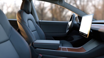 Modern Electric Car Interior with Touchscreen and Minimalist Design