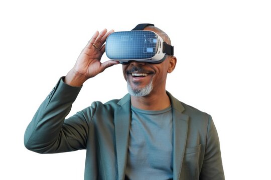 Mature African American businessman holding blue VR headset on white background — smiling waist-up portrait for VR training, upskilling and digital transformation