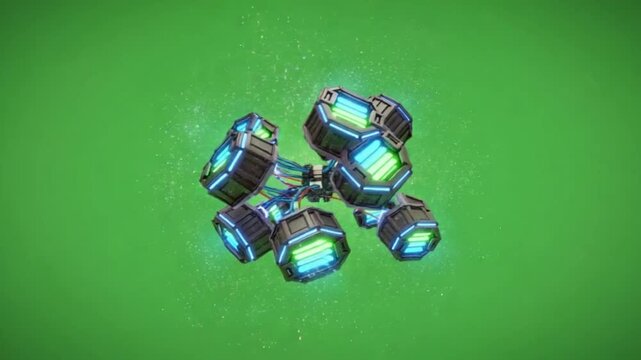 Futuristic Tech: An abstract composition of interconnected, glowing modules floats against a vibrant green backdrop, creating a sense of advanced technology.