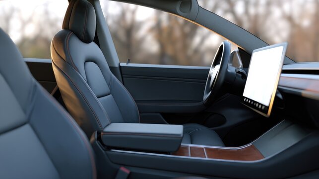 Modern Electric Car Interior with Touchscreen and Minimalist Design