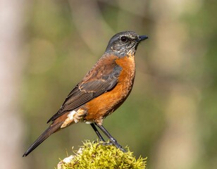 A small, perching bird, likely a thrush, with reddish-brown plumage and dark grey/black head and wings, stands on a mossy stump.  Soft, out-of-focus background of greenery