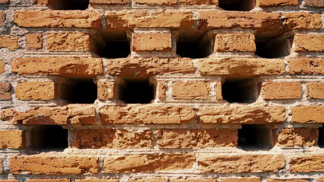 Close-up of brick wall with square openings, creating unique pattern. Background empty space. Use background