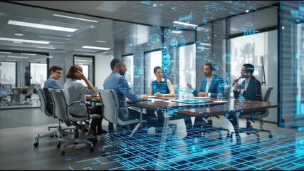 business people in a meeting, with digital overlay - Powered by Adobe
